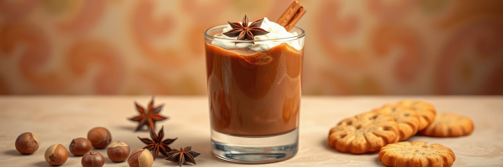 Rich spiced beverage served in a glass with garnishes and cookies on the side for a delightful treat